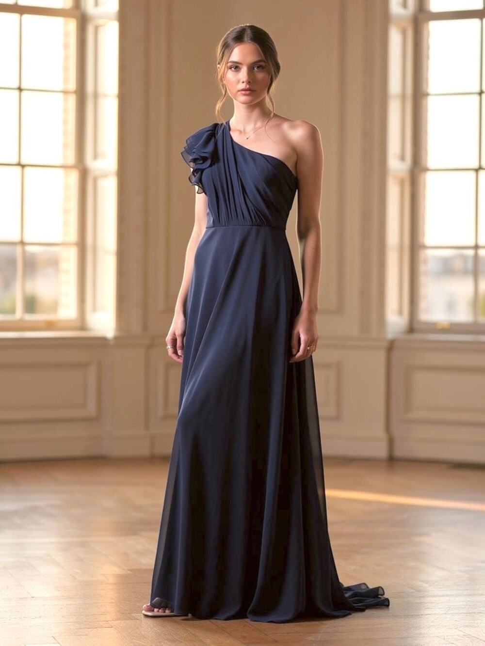 Dessi Collection Navy Blue Ruffled One Shoulder Gown